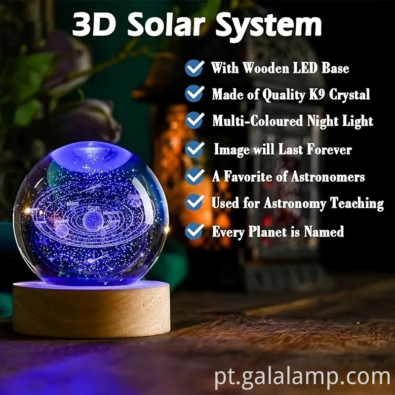 Star Planet Crystal Ball Night Light com lâmpada de base de madeira LED